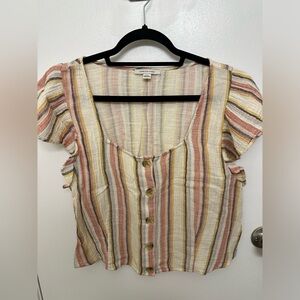 American Eagle Striped Ruffle Sleeve Cropped Top, Size L